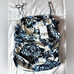 Zara Paisley Ruched Side Cotton Tank Top (small, blue & white)